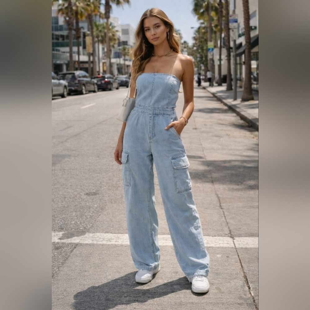 Bershka Light Blue Denim Strapless Jumpsuit